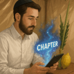 תמונה של בחור דתי, יושב בתוך סוכה וקורא ספר דיגיטלי שבוקע ממנו המילה Chapter בצורה מיוחדת וקוסמית.