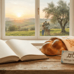 שולחן שבת חגיגי ועליו חלות, נרות דולקים וספר פתוח, לצד שלט המאחל "שבת שלום" לקהילת Chapter. ברקע נשקף נוף שטוף אור עם דמויות מחובקות המביטות אל האופק, בתמונה המשלבת תחושת בית, תקווה והתחדשות. נוצר על ידי ai