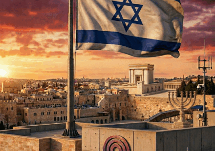 דגל ישראל מתנוסס ברקע עם סממנים יהודיים וסמל האתר chapter התמונה נוצרה על ידי בינה מלאכותית