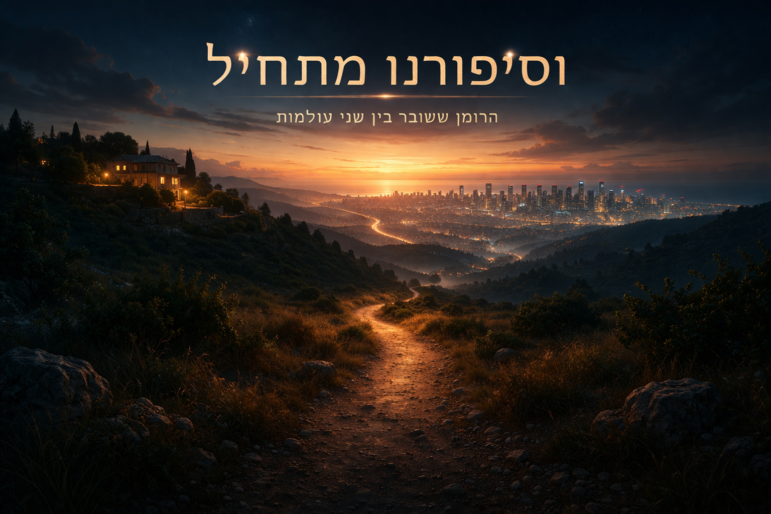 איור של שביל הררי בשקיעה המוביל לעיר מוארת, עם הכיתוב: "וסיפורנו מתחיל" ו"הרומן שעובר בין שני עולמות". נוצר על ידי AI
