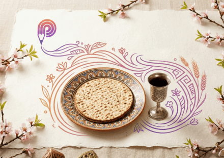 תמונת אווירה לפסח על רקע נייר קלף בהיר. במרכז מונחת מצה על צלחת מעוטרת, ולצידה גביע כסף עם יין אדום. את הקומפוזיציה ממסגרים ענפי פריחה אביבית ורודה. מהלוגו של Chapter, המעוצב כקצה של עיפרון, יוצאים קווי איור זורמים בגווני סגול וכתום העוטפים באלגנטיות את סמלי החג. נוצר על ידי ai